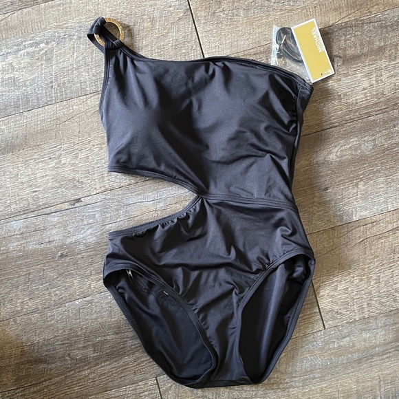 NWT MICHAEL Michael Kors Black Cutout One Shoulder One Piece Swimsuit - Picture 1 of 3